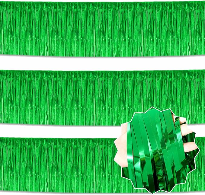3 Pack 10 Ft Green Foil Fringe Garland Metallic Streamers Tinsel Banner Wall Hanging Garland Backdrop for Parade Floats, Halloween, Christmas, Thanksgiving, New Year Party Decorations