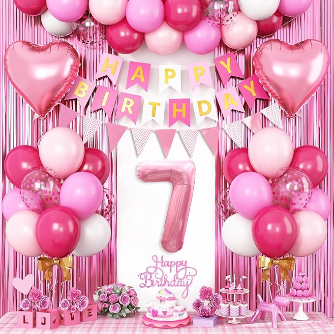 7th Birthday Decorations for Girls: Hot Pink Balloons, Happy Birthday Banner, Fringe Curtain, Cake Topper, Heart Balloons