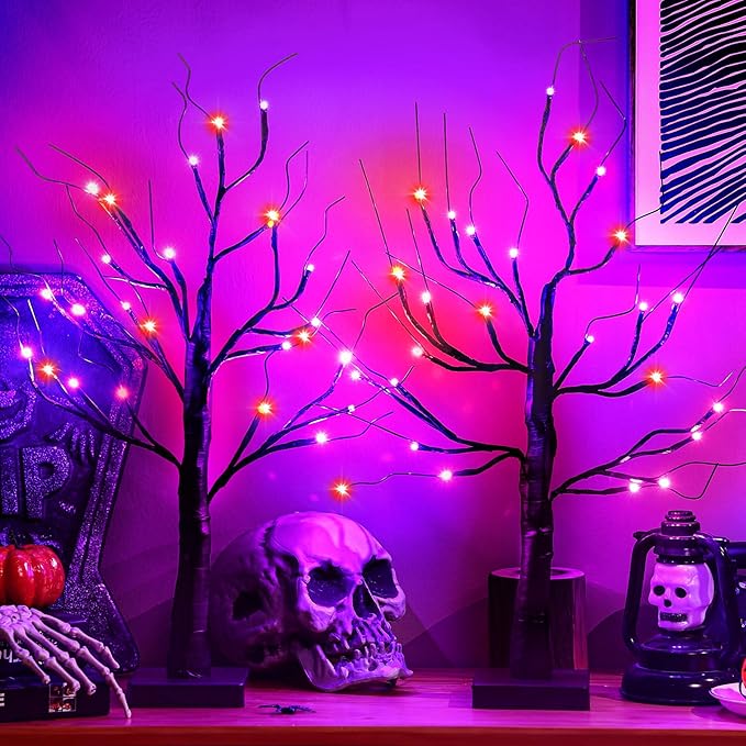 Ganeen 2 Pcs Halloween Decorations Indoor 24 Inch/2 ft Lighted Orange and Purple Birches Tree with Timer 48 LED Lights Willow Battery Operated Artificial Black Tabletop Spooky Tree for Home and Party