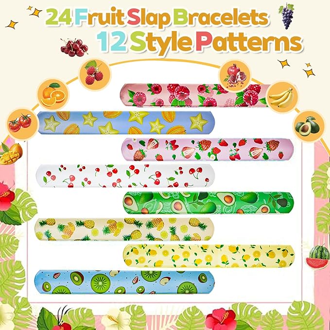 74PCS Fruit Slap Bracelets&Stickers Summer Fruit Theme 24PCS Slap Bracelets 50PCS Stickers Party Favors Basket Bag Filler School Prizes Gifts Party Favors Bulk