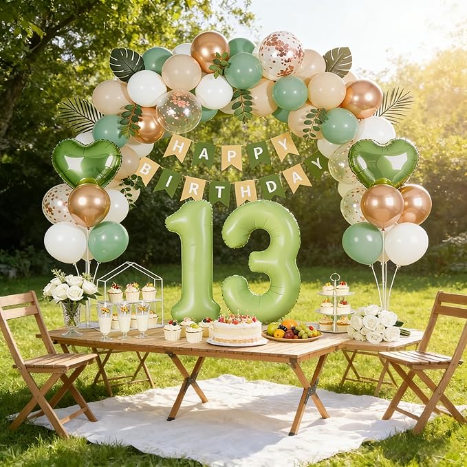 Sage Green 13th Birthday Decorations, Official Teenager Party Supplies for Girls Boys, Sand White & Cream Balloon Kit with Green Number 13 Balloon and Fringe Curtains