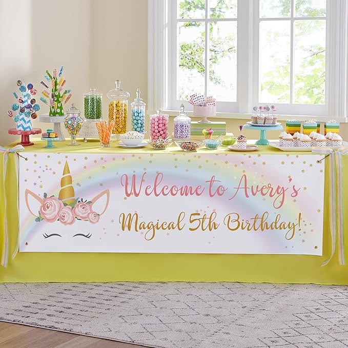 Let's Make Memories Personalized Unicorn Birthday Banner - Happy Birthday Banner for Kids - Custom Party Decorations - Indoor/Outdoor Vinyl - Any Name - Unicorn Party Decor - 10ft