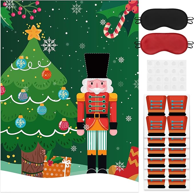 Christmas Pin The Hat On The Nutcracker Game Poster with 24 Pcs Stickers Blindfolds Fun Xmas Winter Holiday New Year Birthday Activities Party Favors Decorations Supplies for Family Gathering