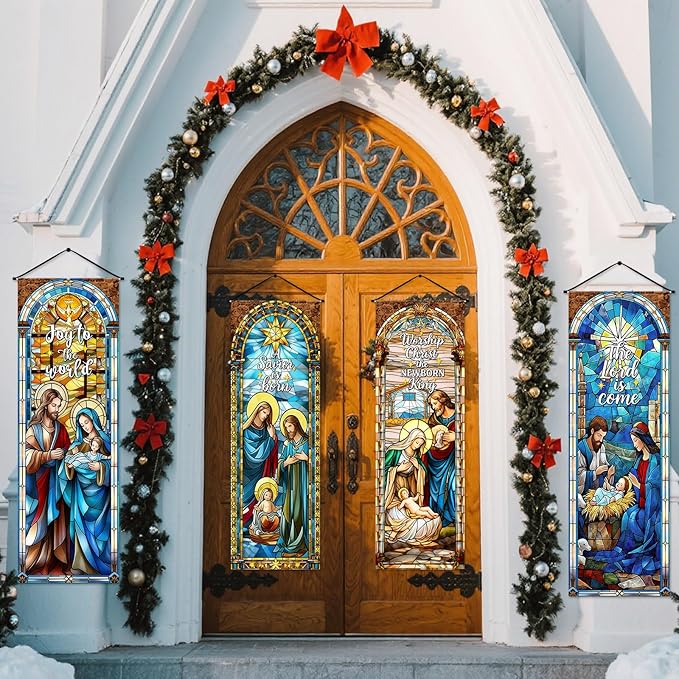 Panelee 4 Pcs Nativity Scene Banner Religious Christmas Backdrop Holy Nativity Stained Glass Style Wall Decorations Jesus Porch Sign for Xmas Indoor Outdoor Church Wall Hanging Decor