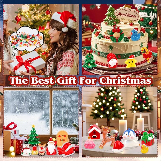 50Pcs Christmas Miniature Figurines 50 Style Christmas Mini Resin Crafts to Hide Tiny Small Santa Snowman Xmas Tree Reindeer Figurines for Xmas Stocking Goodie Bag Fillers Winter Party Dollhouse Decor