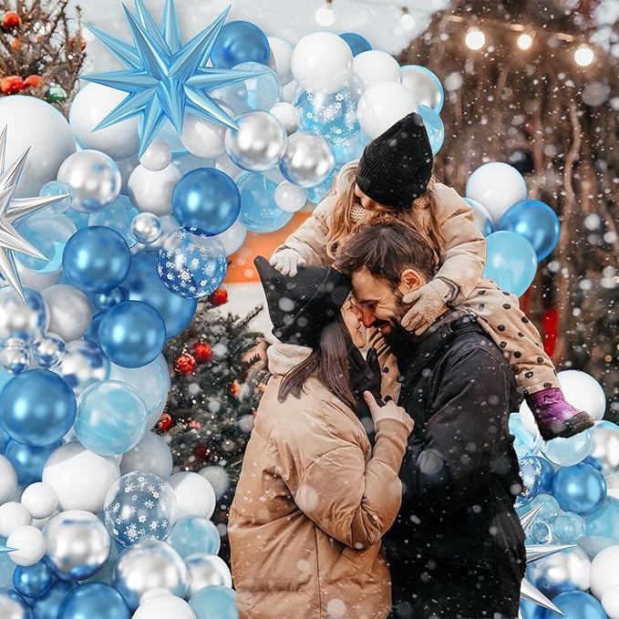 Winter Snowflakes Balloon Arch Garland Kit, White Silver Winter Balloon with Rich Large Snowflakes Mylar Star Foil Balloons*5, Metallic Silver Blue Balloons for Winter Wonderland Girl Birthday Decorat