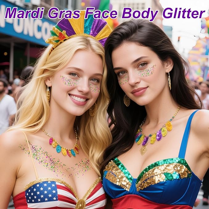 Mardi Gras Hair Face Glitter Stick,Mardi Gras Outfit for Women,Purple Green Gold Body Glitter Makeup,Festival Costume Carnival Accessories Singer Concerts Chunky Glitter Makeup