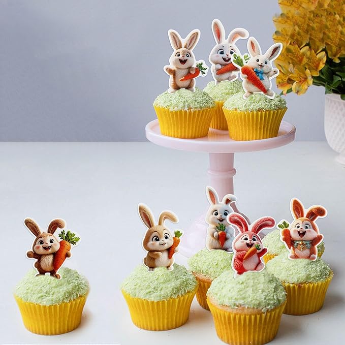 Ercadio 40 Pack Edible Easter Bunny Cupcake Toppers Rabbit Carrot Cupcake Drink Toppers for Easter Rabbit Theme Spring Birthday Baby Shower Party Decoration Supplies