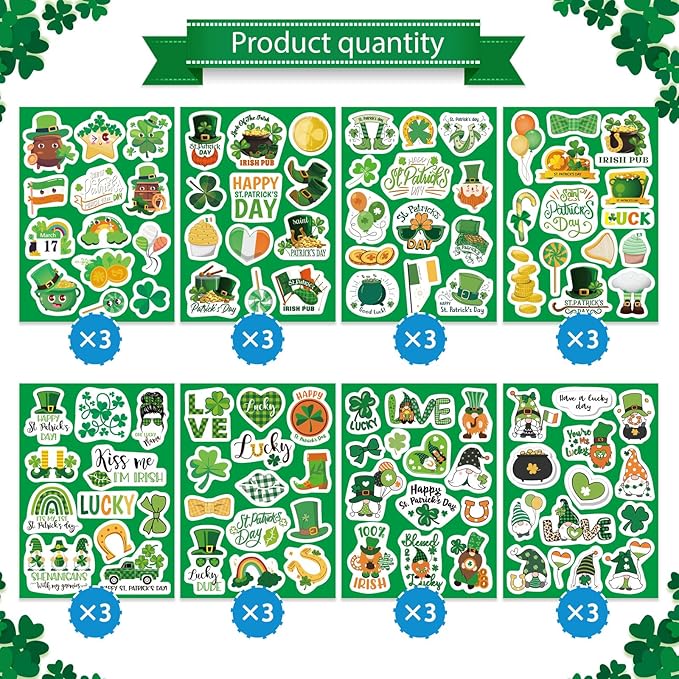 309PCS St. Patrick's Day Theme Stickers Shamrock Stickers for Kids Irish St. Patrick's Day Craft for Toddlers Teachers Classroom Home Favor Gift Supplies