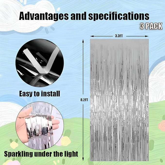 Valentines Day 3 Pack 3.3 * 8.3 ft Foil Curtain Metallic Tinsel Fringe Curtains Photo Booth Props Backdrop for Birthday Wedding Engagement Baby Shower Christmas Holiday Celebration Partyl,Silvery
