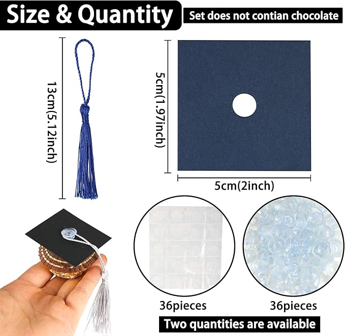 Gyufise 36Pcs 2026 Graduation Cap Cupcake Toppers with Tassel Adhesive Dots Chocolate Decorations Class of 2026 Congrats Grad Cap Cupcake Decorations for 2026 Graduation Theme Party Supplies Blue