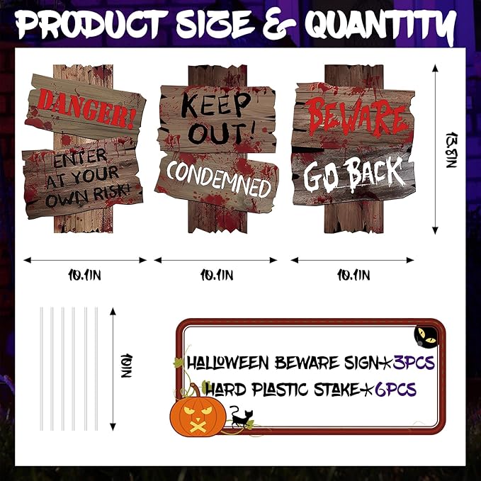 3 PCS Beware Signs Yard Stakes Halloween Outdoor Decorations Warning Sign, Halloween Yard Signs, Scary Lawn Decor Zombie Theme Party Supplies