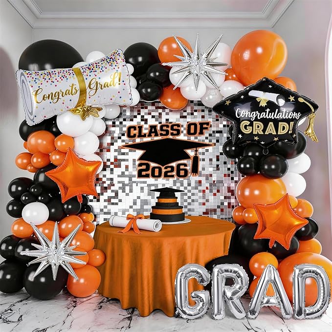 Orange Graduation Balloons Garland Arch Kit, 117PC Orange Black White Graduation Star Print Certificate Grad Foil Balloon with Silver Explosion Star Balloon for Graduate Class of 2026 Prom Party Decor