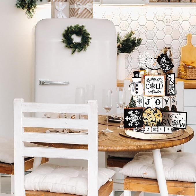 Winter Tiered Tray Decor Set Snowman Snowflake Table Decor Christmas Tree Wooden Sign Farmhouse Coffee Spice Blocks Winter Decoration for Christmas Home Table Shelf