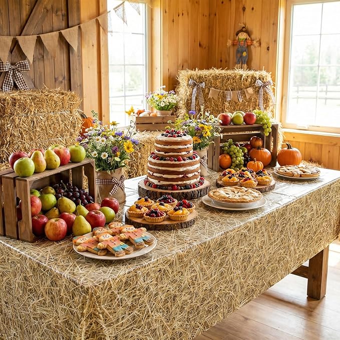 3 Pack Straw Plastic Tablecloth, 54 x 108 Inch Disposable Farm Hay Tablecloths Waterproof Rectangle Western Birthday Theme Table Cover for Cowboy Western Barn Birthday Baby Shower Party Supplies