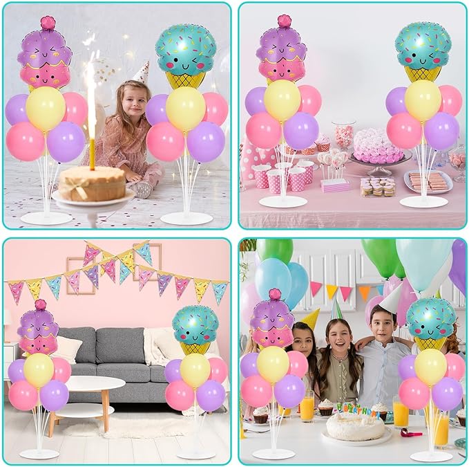 Ice Cream Party Balloons Stand Kit 2 Sets with 2 Macaron Ice Cream Foil Balloons Pastel Sweet One Birthday Balloon Centerpiece for Tables for Girl Birthday Valentine's Day Baby Shower Party Decoration