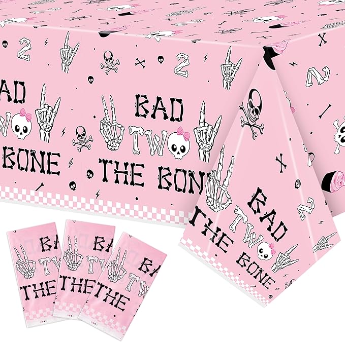 K1tpde 3PCS Bad Two The Bone Party Tablecloth for Girls, Music Themed 2nd Pink Plastic Tablecloth, Rock and Roll 2nd Disposable Table Covers for Birthday Decoration, Bad To The Skeleton Party Supplies