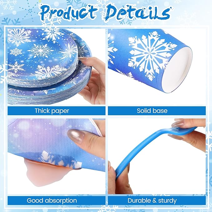 Kochorie 144 Pieces Frozen Party Supplies, Snowflake Tableware Sets Including Disposable Paper Plates Napkins Cups Forks Serves 24 for Winter Christmas Holiday Wonderland Birthday Party Decorations