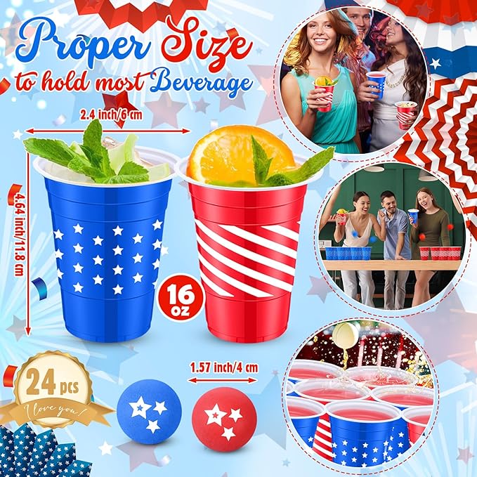 32 Pcs Red Blue White Party Game Set Include 16oz Patriotic Plastic Cups with 8 Star pattern Balls,4th of July Cups Memorial Independence Day Veterans Labor Juice Beverage Toss Game Supplies