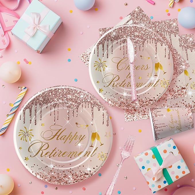 APOWBLS Retirement Decorations For Women, Rose Gold Happy Retirement Party Decorations Supplies Tableware, Paper Plate, Cup, Napkin, Tablecloth, Cutlery, Serve 24