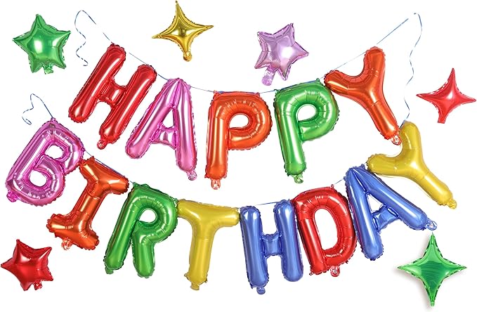 Happy Birthday Banner,16 Inch Mylar Happy Birthday Balloons, 24pcs Foil Letters Balloons with 6pcs Star Balloon, Birthday Party Decorations for Kids Girls Boys Women Adults-Rainbow