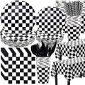 452 Pcs Checkered Flag Party Supplies for 50 Guests, Black and White Checkered Paper Plates Napkins Cups Tablecloth Cutlery Straws for Race Car Birthday Party Decorations