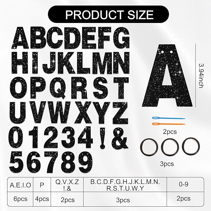 BEISHIDA 116 PCS A-Z DIY Letter Banner Kit Make Your Own Banner Glitter Black Including 111 Letters and Numbers 3 Rope and 2 Threading Device,Customized for Birthday Graduation Wedding Party Decor