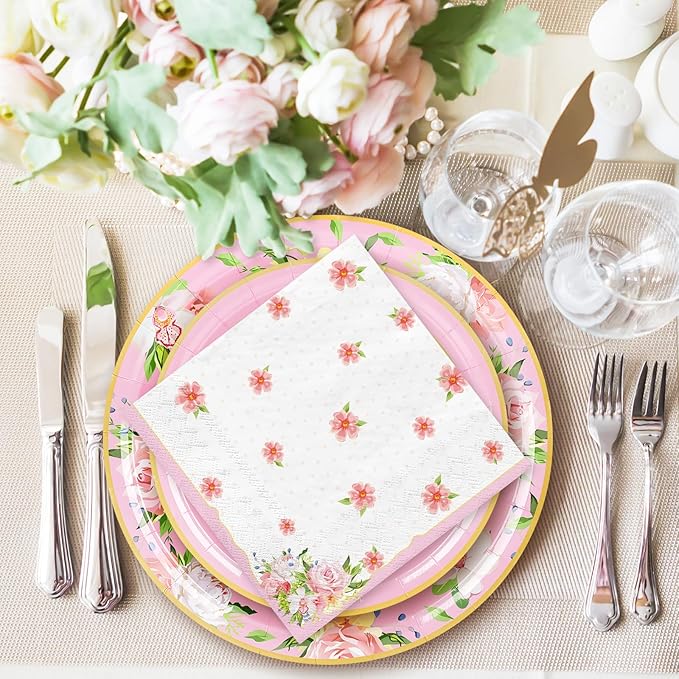 Whaline Pink Tea Party Tableware Supplies Serves 24 Pink Floral Tea Party Disposable Paper Dinnerware, 24 9" Plates 24 7" Saucer Plate 24 9oz Tea Cups with Handle 48 Luncheon Napkins