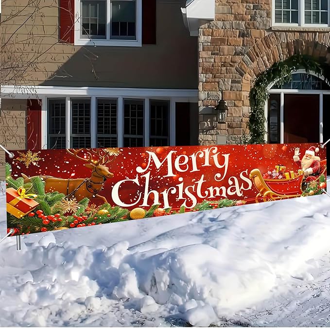 Merry Christmas Decorations Banner Polyester Fabric Santa Sleigh Reindeer Holiday Design Outdoor Porch sign for Indoor Outdoor Garden Fence Party 118x20 Inch Supplies Banners
