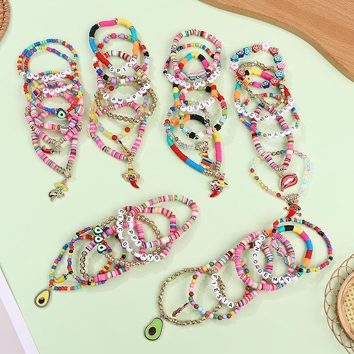 Cooluckday 36 Pcs Holiday Heishi Surfer Bracelets for Women Bulk Easter Mother's Day Christmas St. Patrick's Day Mardi Gras Bracelet Stackable Stretch Friendship Bracelets Set