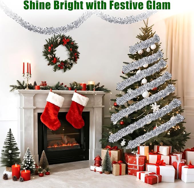 39.5 Ft Christmas Tinsel Garland, Reusable Holiday Metallic Christmas Tree Garland Decoration for Xmas, Wedding, Birthday, Home Party Decor (Silver)