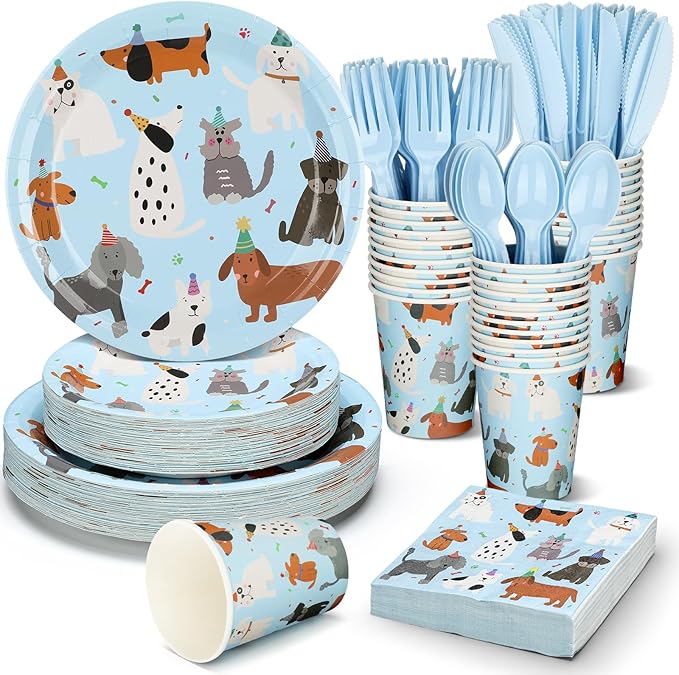 Jinei 350 Pcs Dog Birthday Party Supplies Blue Dog Tableware Set Serves 50 Guests Puppy Birthday Decorations Includes Puppy Plates Cups Napkins Forks Knives Spoons for Party Supplies