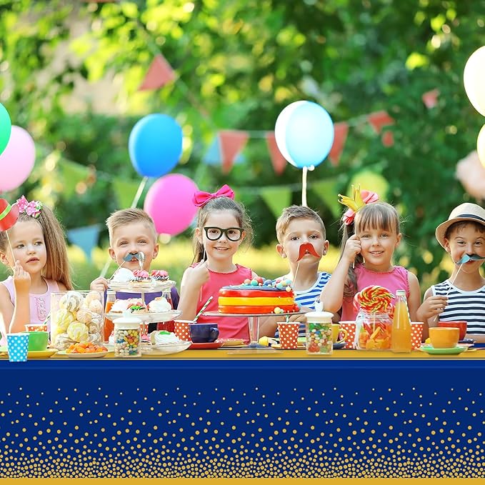 4 Pack Blue and Gold Tablecloth Party Decorations Plastic Blue Tablecloth Printed Gold Table Runner 54 x108 Inch Disposable Rectangle Table Cover for Birthday Wedding Graduation Anniversary