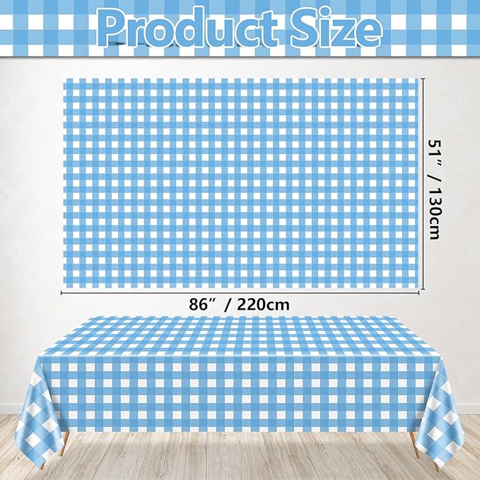 4 Pack Light Blue Gingham Tablecloths, Blue and White Checkered Tablecloths 86.6 x 51.2 Inches Rectangular Waterproof Picnic Table Covers for Birthday Party Holiday Outdoor Supplies