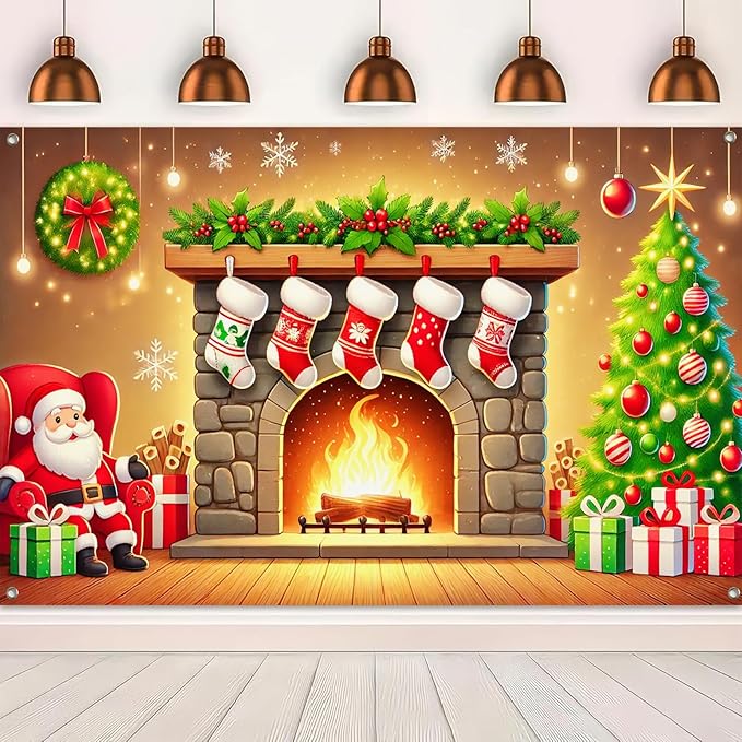 Christmas Banner Santa Claus Fireplace Stockings Tree Gifts Holiday Wall Backdrop Warm Decor Indoor Outdoor Photo Background Party Supplies Home Decoration 71 X 43 Inches
