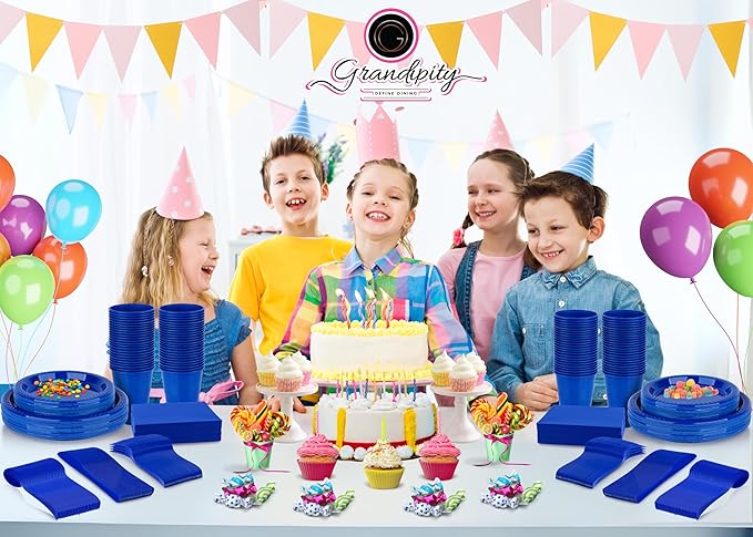 350 Piece BLUE Disposable Dinnerware Set 50 Guests, Plastic Party Plates And Cups And Napkins Sets - 50 Count 9" Dinner Plates, 7" Dessert Plates, 12oz Cups, Paper Napkins, Forks, Knives & Spoons