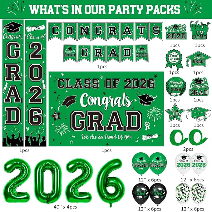 Graduation Decorations Class of 2026 - Green Graduation Party Supplies Include Grad Backdrop, Banner, Hanging Swirls, Porch Sign, Balloons, Foil Number 2026 for Congrats Grad Party Decorations
