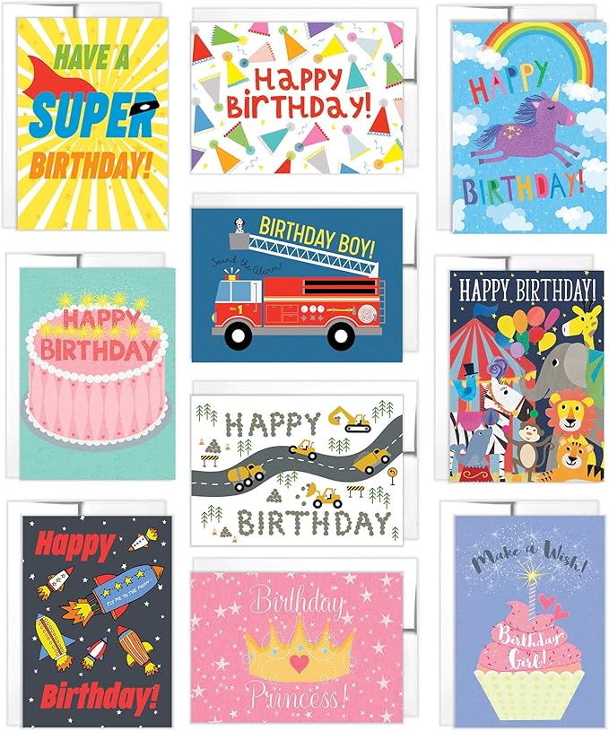 Tiny Expressions - 10 Kids Birthday Cards with Inside Messages and Envelopes
