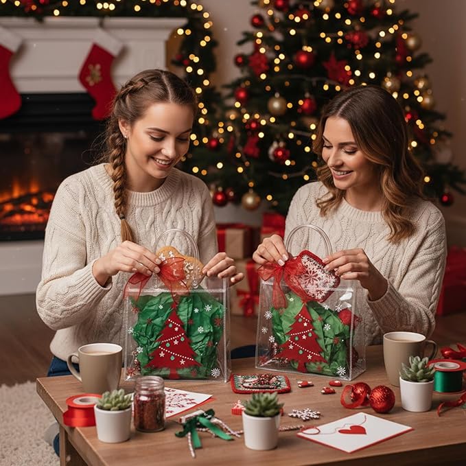 Henoyso 24 Pcs Christmas Clear Gift Bags Plastic Candy Treat Goodie Bags Red Foil Santa PVC Wrap Totes with Handles and Ribbon Xmas Party Favors (Red Christmas,7.8 x 7.8 x 3.1 Inch)