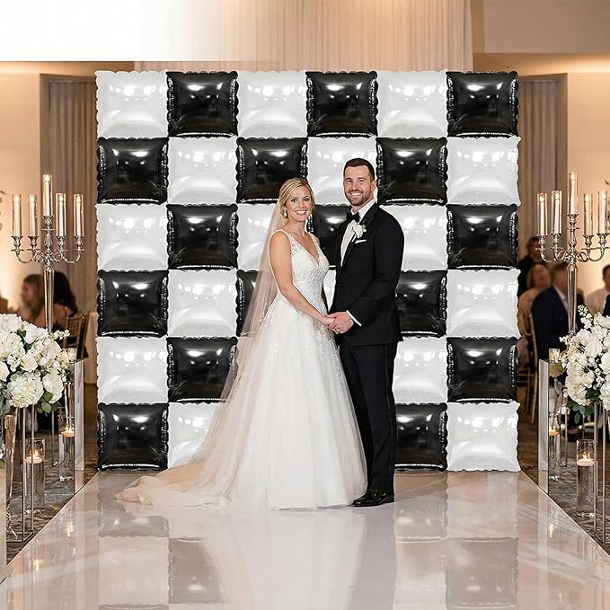 36PCS Square Foil Balloon Wall Backdrop,19 inch Double-Sided Metallic Balloons for Party,Wedding,Anniversary,Birthday,Graduation,Halloween,Shiny Balloon Decor (Black&White)