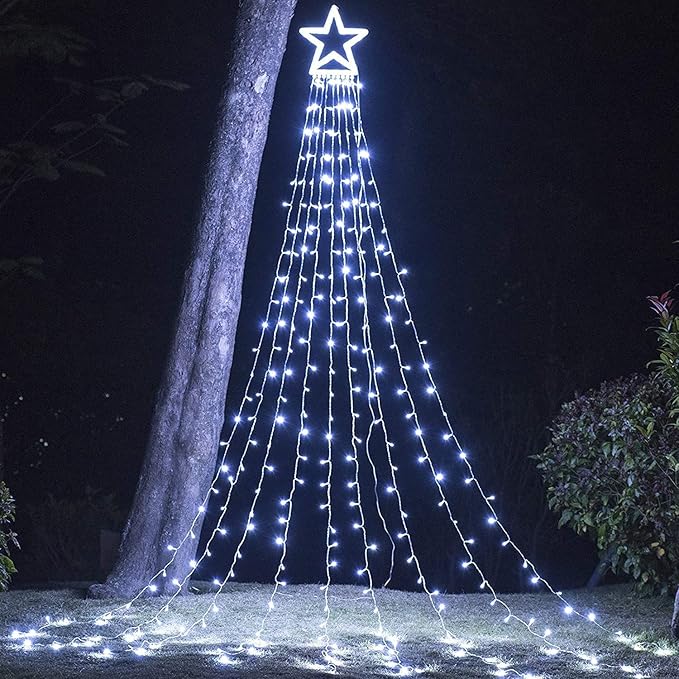 Christmas Decorations Star String Lights, 320 LEDs Outdoor Waterfall Tree Lights with 13" Topper Star, Plug in Waterproof Hanging Fairy Lights for Xmas New Year Holiday Party Yard Decor