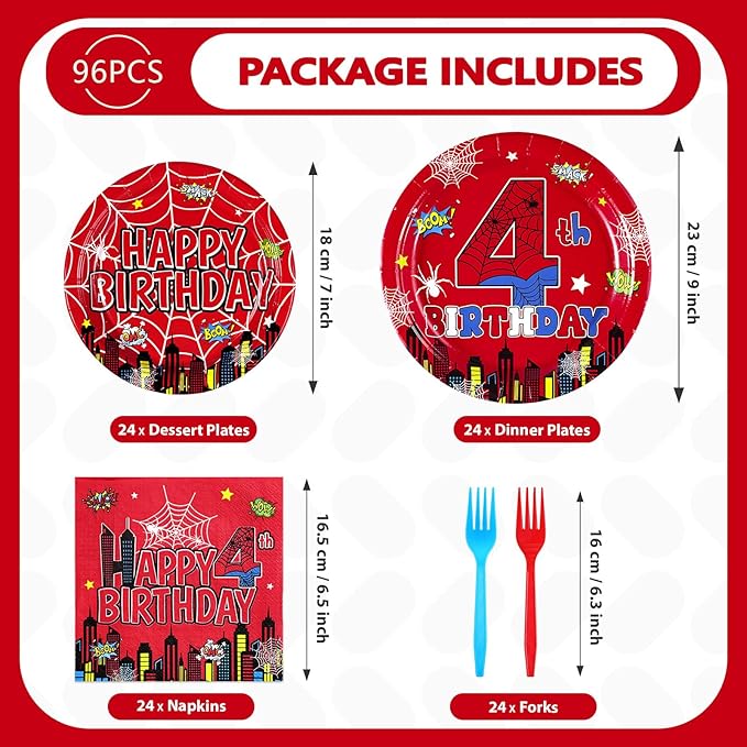 Grencian 96Pcs Spider 4th Birthday Party Supplies Red Blue Spider 4th Birthday Plates Disposable Cartoon Super Theme Hero Paper Tableware Set for Boys Kids Spider 4 Year Old Party Decorations Serve 24