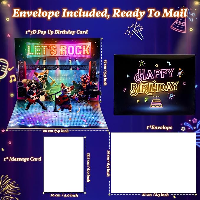 3D Pop Up Birthday Cards, Musical Rock Dog Band Birthday Cards, Happy Birthday Gifts for Mom Women Men Kids Child Dad Father Wife (Black)