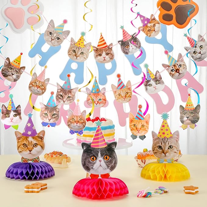 Chinco 16 Pcs Cat Theme Birthday Party Decorations Party Supplies Kit, Includes Cat Party Banner with 6 Hanging Cutouts 6 Hanging Swirl Decor and 3 Birthday Honeycomb Party Decoration(Cute Style)