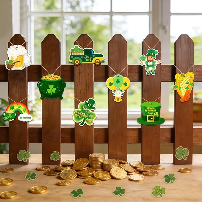 36PCS Wooden St. Patrick's Day Ornaments to Paint Shamrock Cutout Decorations,12 Styles DIY Blank Unfinished Wood Shamrock Cutouts Ornament for Tree Home Crafts Hanging, Hat Beer Gifts Indoor Spring