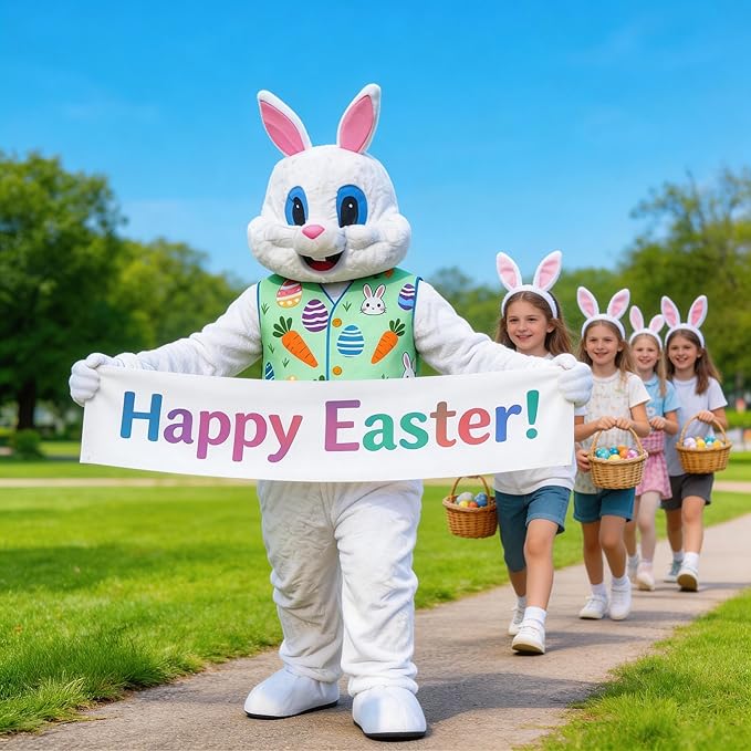 Easter Bunny Mascot Costume Blue Vest Unisex Deluxe Rabbit Costume Party Adult Size Fancy Dress