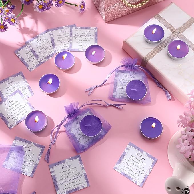50 Sets Baby Shower Party Favors Including 50 Pcs Unscented Tealight Baby Shower Candles Gift Bags Cards for Gender Reveal Party Supplies(Purple)
