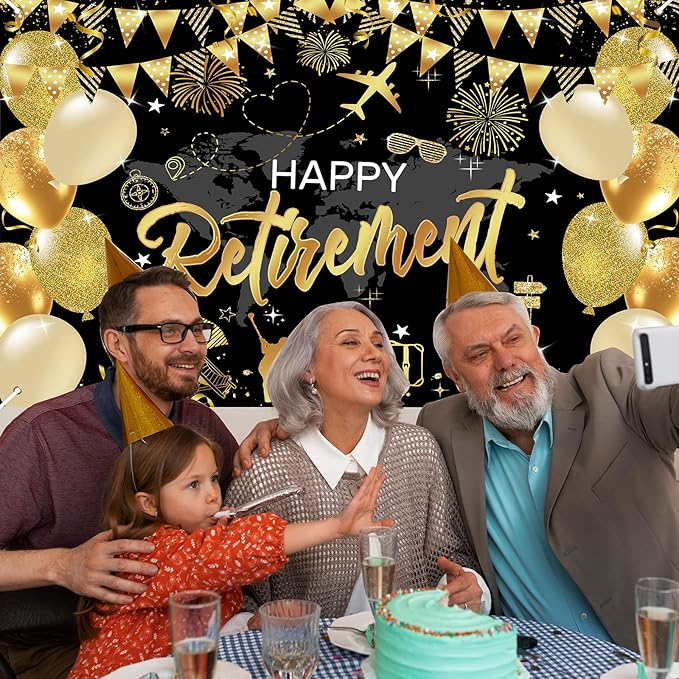 Mocsicka Happy Retirement Backdrop Pink Rose Gold Balloons Women Happy Retirement Banner Party Decorations Photo Booth Props (Black Gold, 8x6ft)