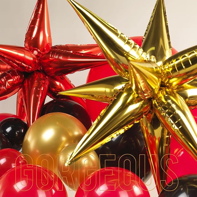 Black Red and Gold Balloon Garland Arch Kit 150PCS – Starburst Balloons for 2025 Graduation Party Decorations, Prom, Class of 2025, Movie Night or Casino Theme Celebration