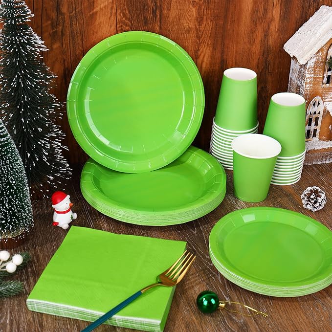 Whaline 100 Pcs Christmas Tableware Set Lime Green Disposable Dinnerware Set 50 Pcs Paper Plates 25 Pcs Napkin 25 Pcs Cups for Xmas Winter Birthday Party Supplies Table Decor